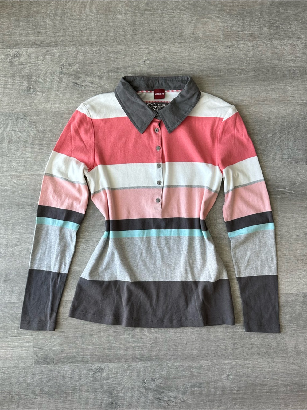Olsen Pink and Grey Stripe Polo Long-Sleeve Top